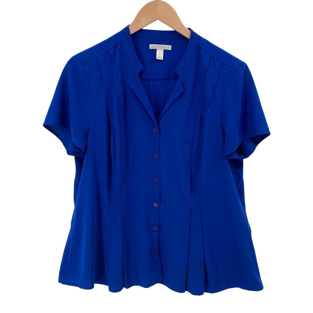 Dana Buchman Womens L Royal Blue Pintuck Button Front Short Sleeve Blouse Career